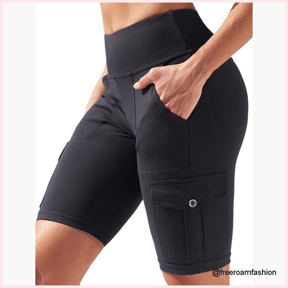 Pants - High Waisted Tummy Control Yoga Shorts with Cargo Pockets